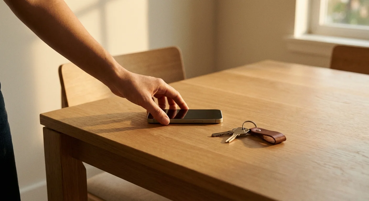 A hand placing a smartphone face down on a wooden table.