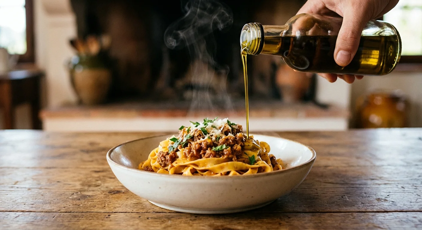 A hand pouring premium olive oil over a fresh bowl of pasta.