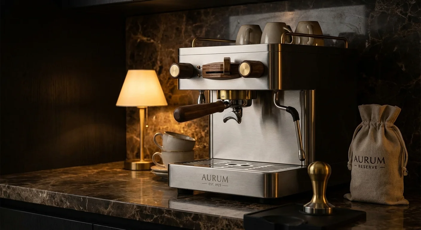A high-end espresso machine on a minimalist kitchen counter.