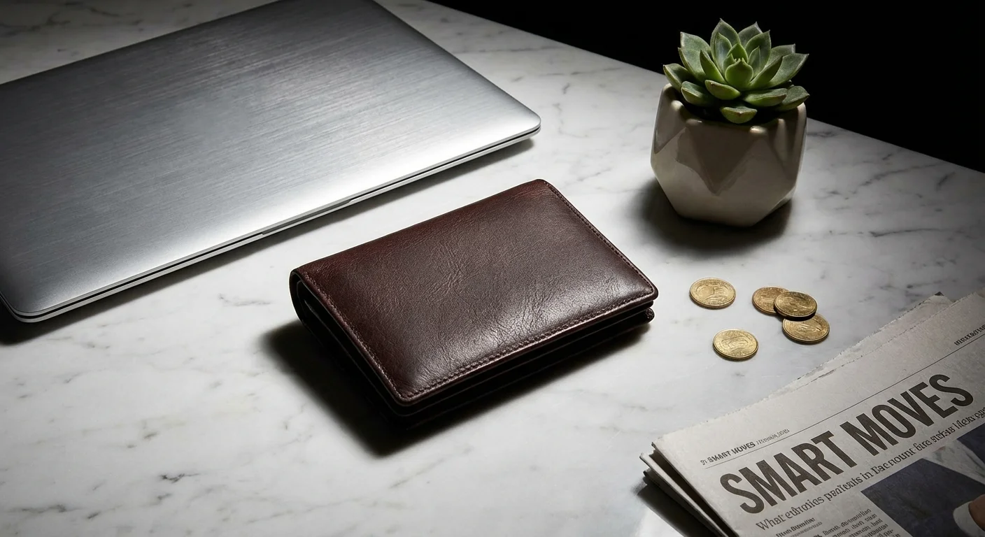 A high-quality leather wallet and laptop on a marble surface, symbolizing the value of investing in premium financial tools.