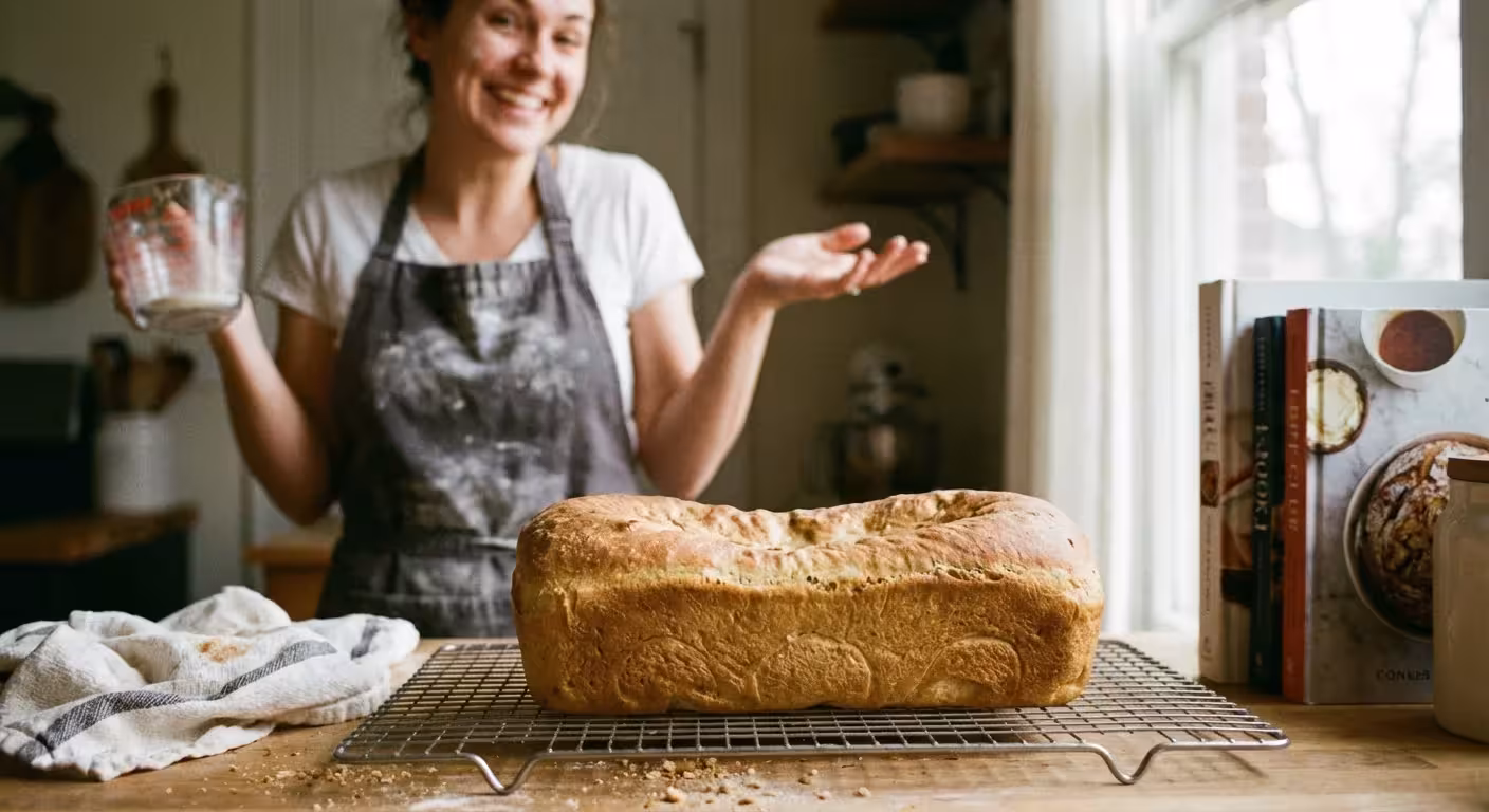 A home cook smiling next to a slightly imperfect loaf of homemade bread.