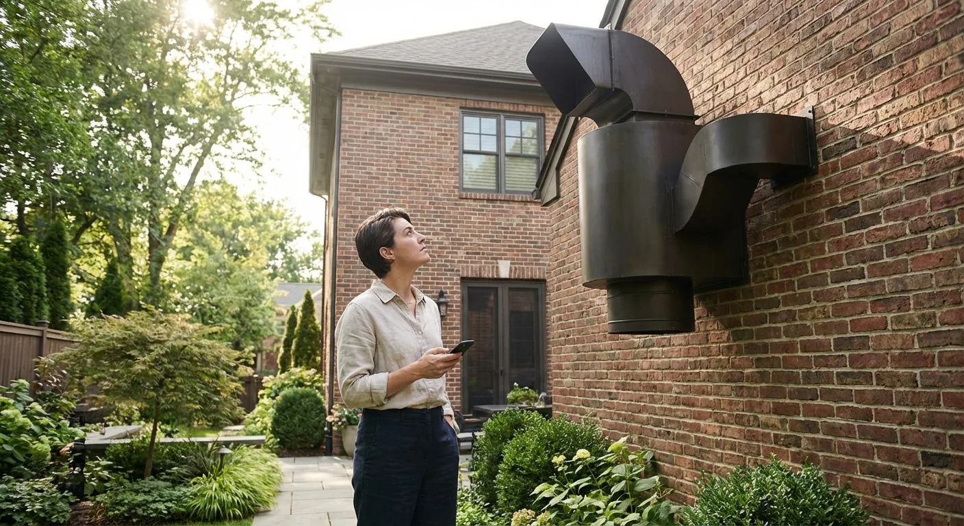 A homeowner looking at a difficult-to-reach exterior vent while holding a phone.