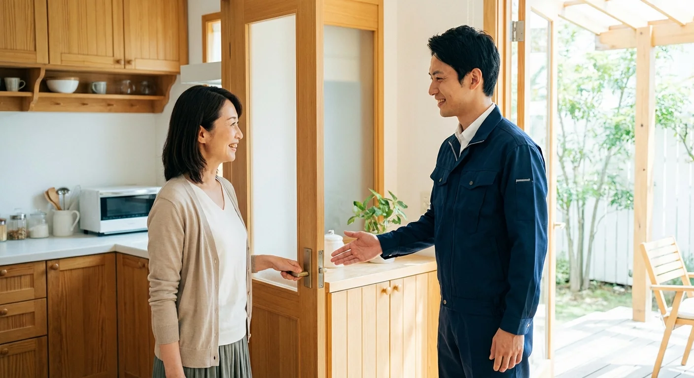 A homeowner talking to a professional appliance repair technician.