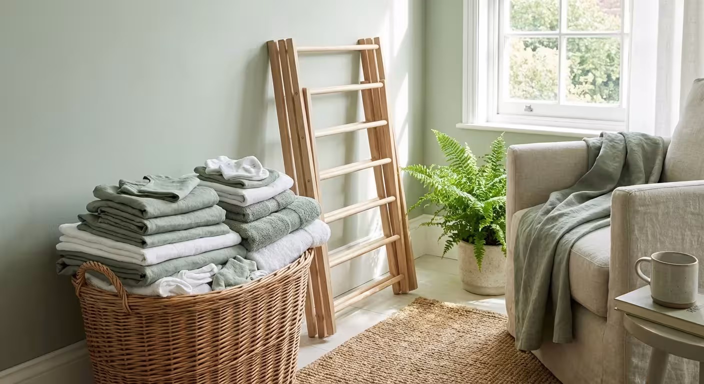 A laundry basket and a drying rack ready for use in a clean corner of a room.