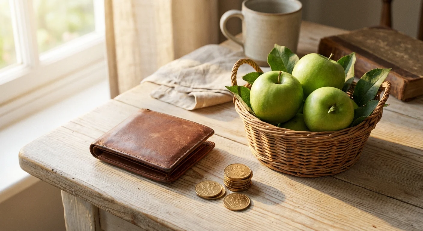 A leather wallet, coins, and a basket of apples on a wooden table.