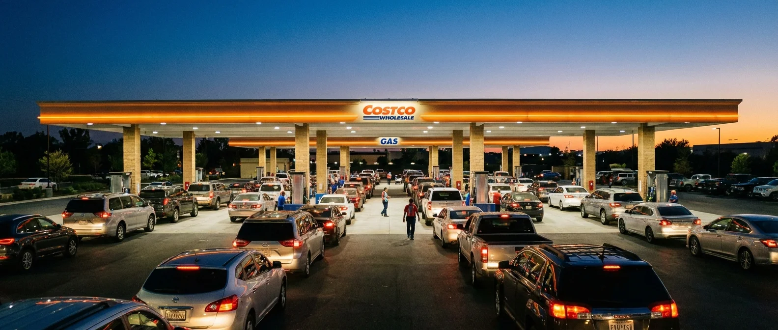 A line of cars at a large, well-lit warehouse club gas station under a twilight sky.