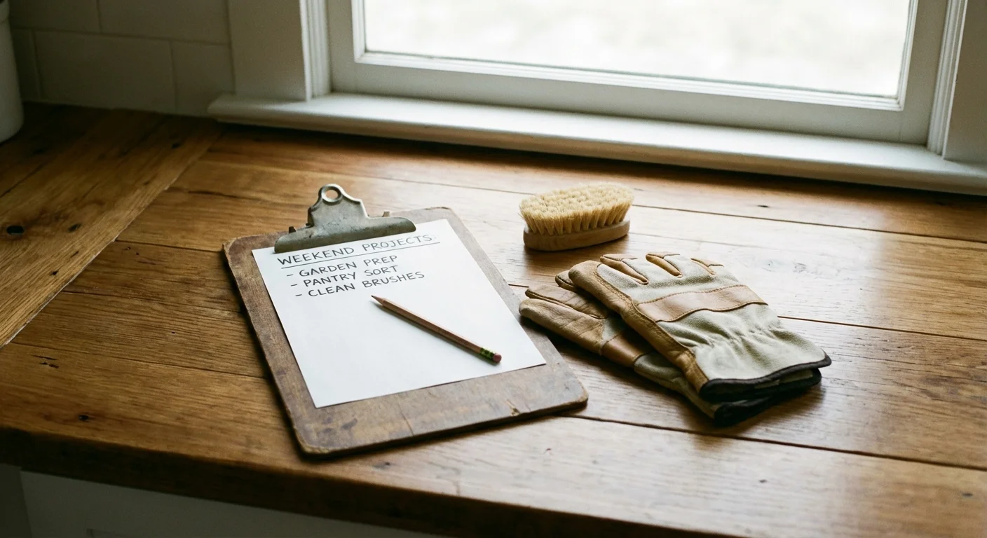 A maintenance checklist and cleaning tools on a kitchen counter.