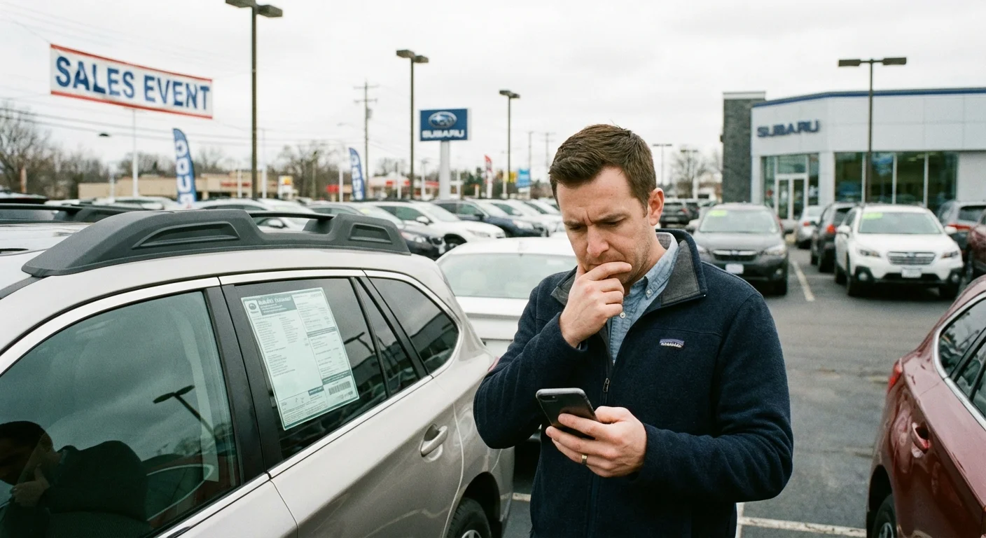 A man checking car prices on his phone at a dealership.
