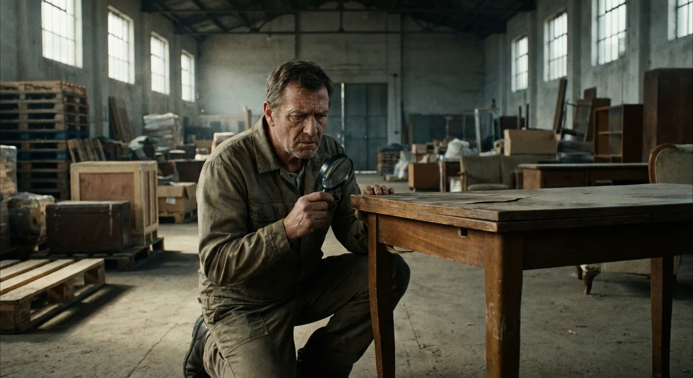 A man inspecting a piece of furniture for damage or poor quality.