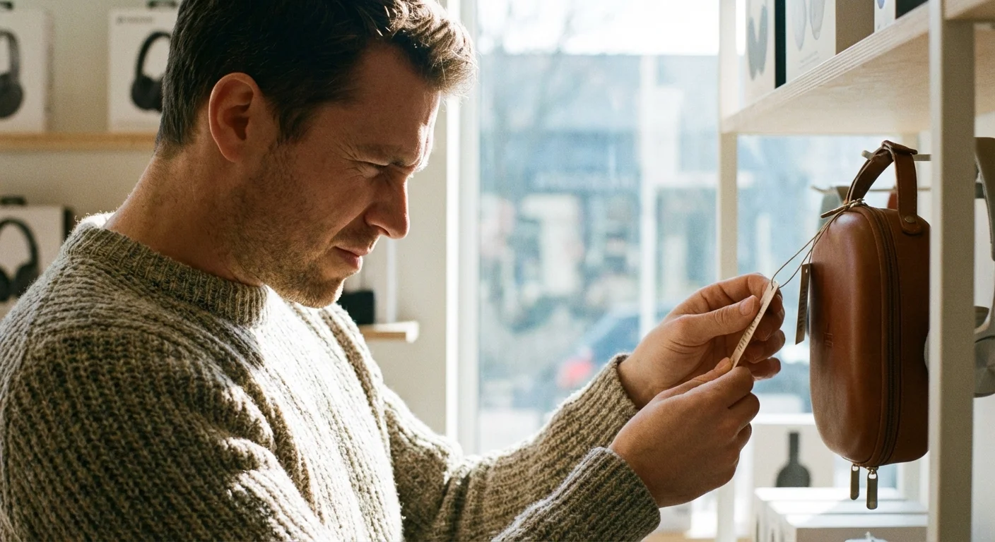 A man looking closely at a product price tag in a store, representing attention to detail.