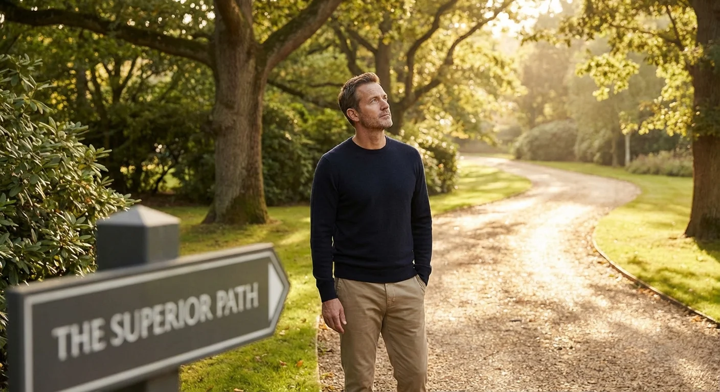 A man looking down a sunlit path in a park, symbolizing a strategic financial choice.
