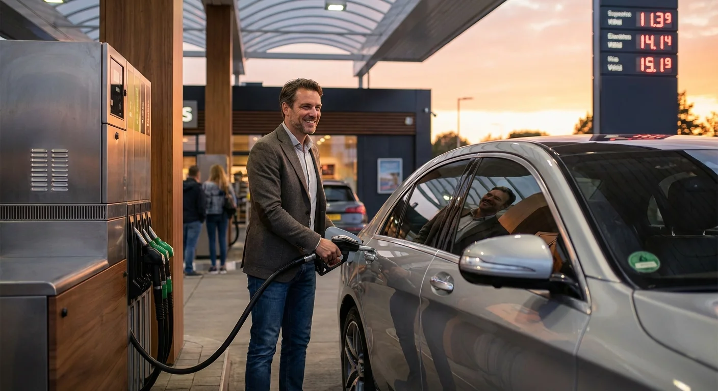A man smiling while refueling his car at a modern gas station.