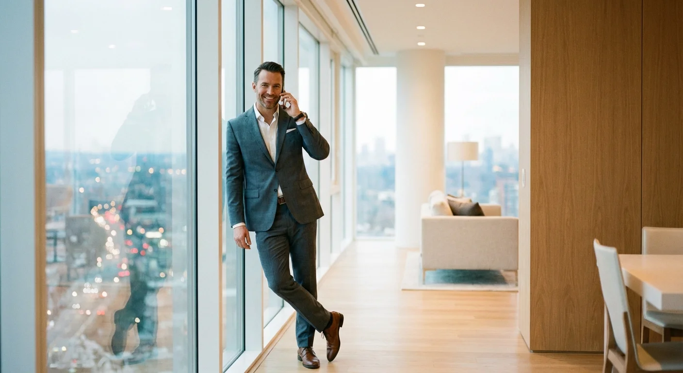 A man talking on a phone near a window in a sophisticated apartment.