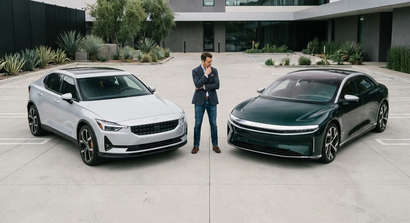 A man weighing his options between two cars in a sunlit lot.