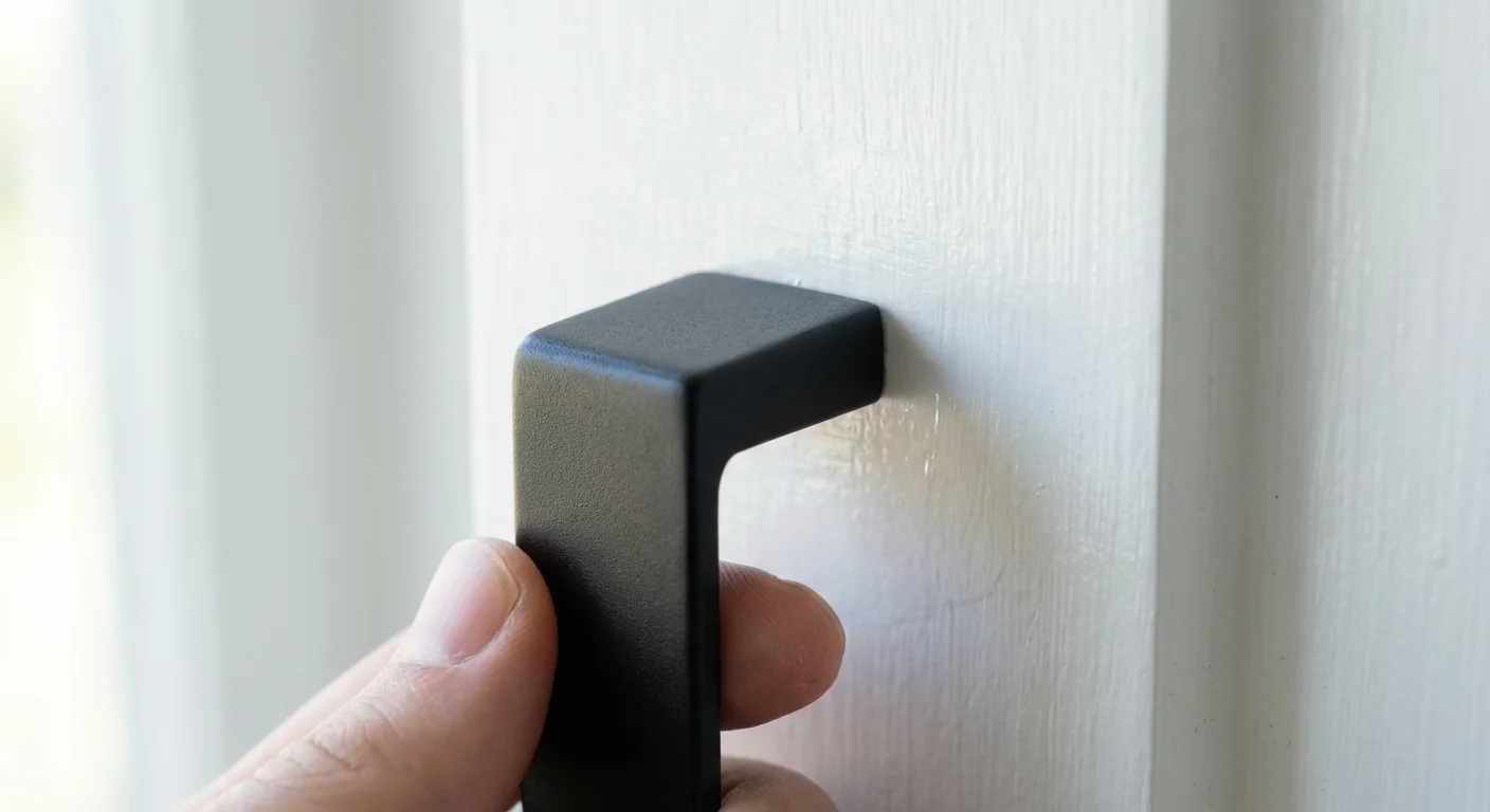 A matte black handle held against a white cabinet door for comparison.