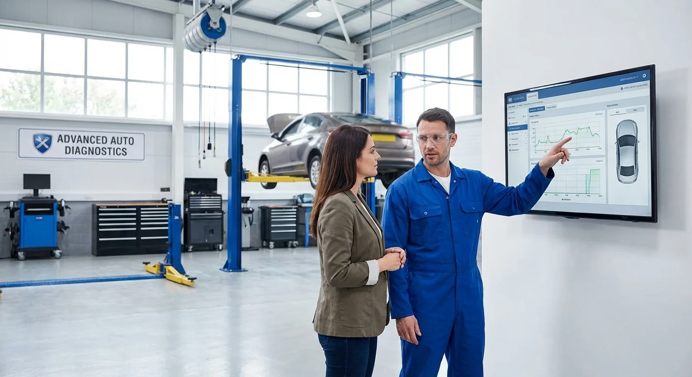 A mechanic showing diagnostic results to a customer in a clean shop.