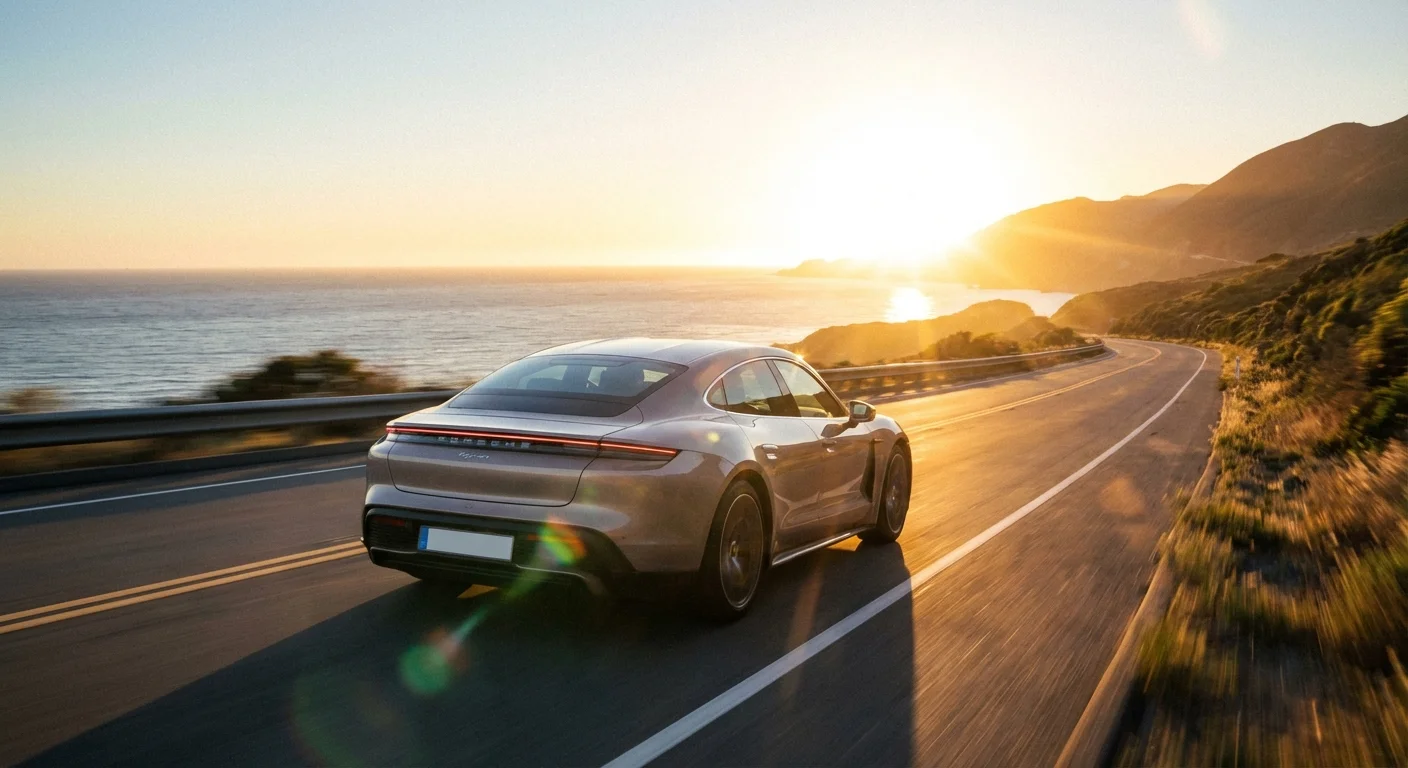 A modern car driving toward a bright horizon on an open road, symbolizing a smart financial future.