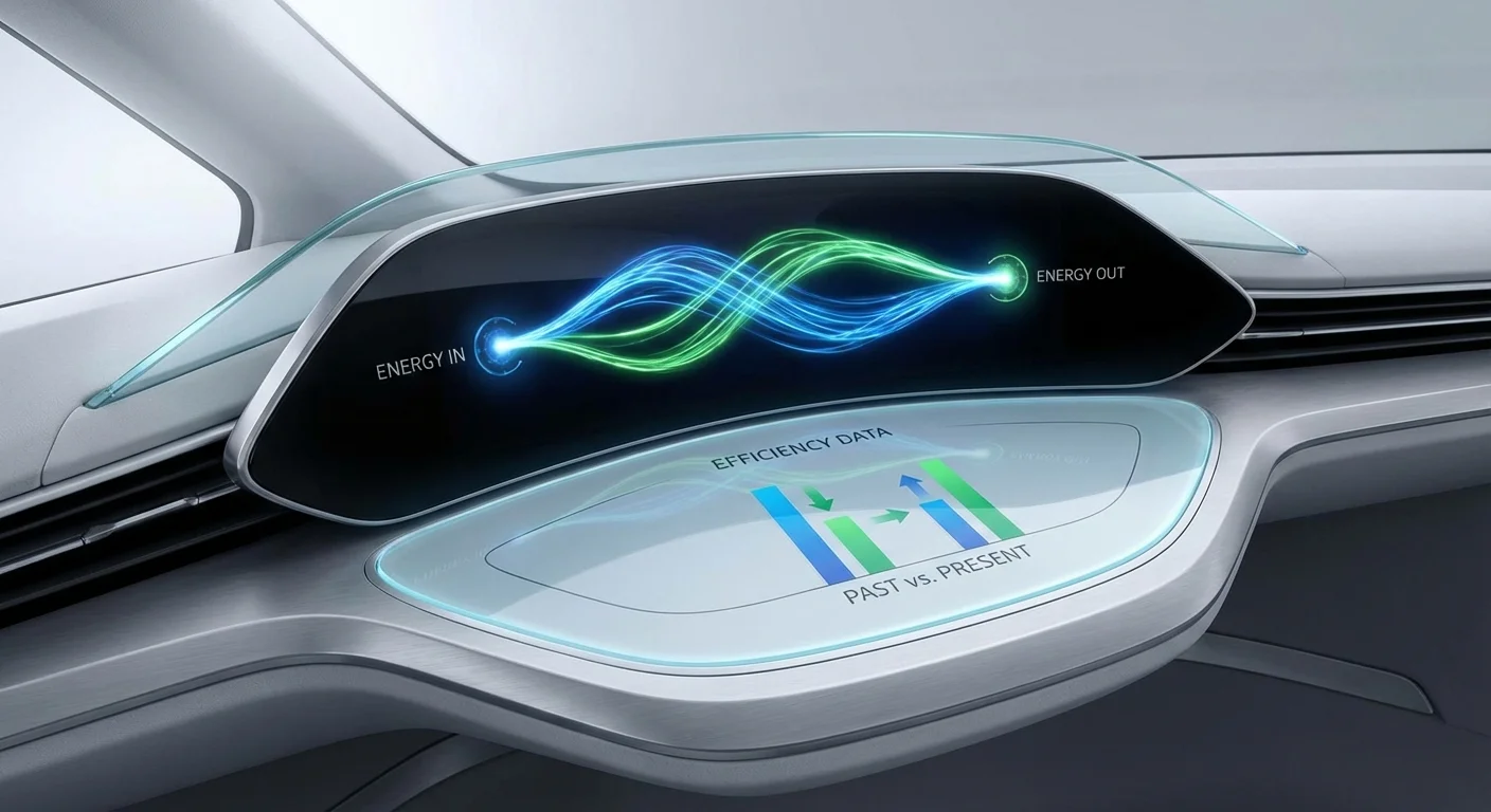 A modern car's digital dashboard showing energy efficiency data.