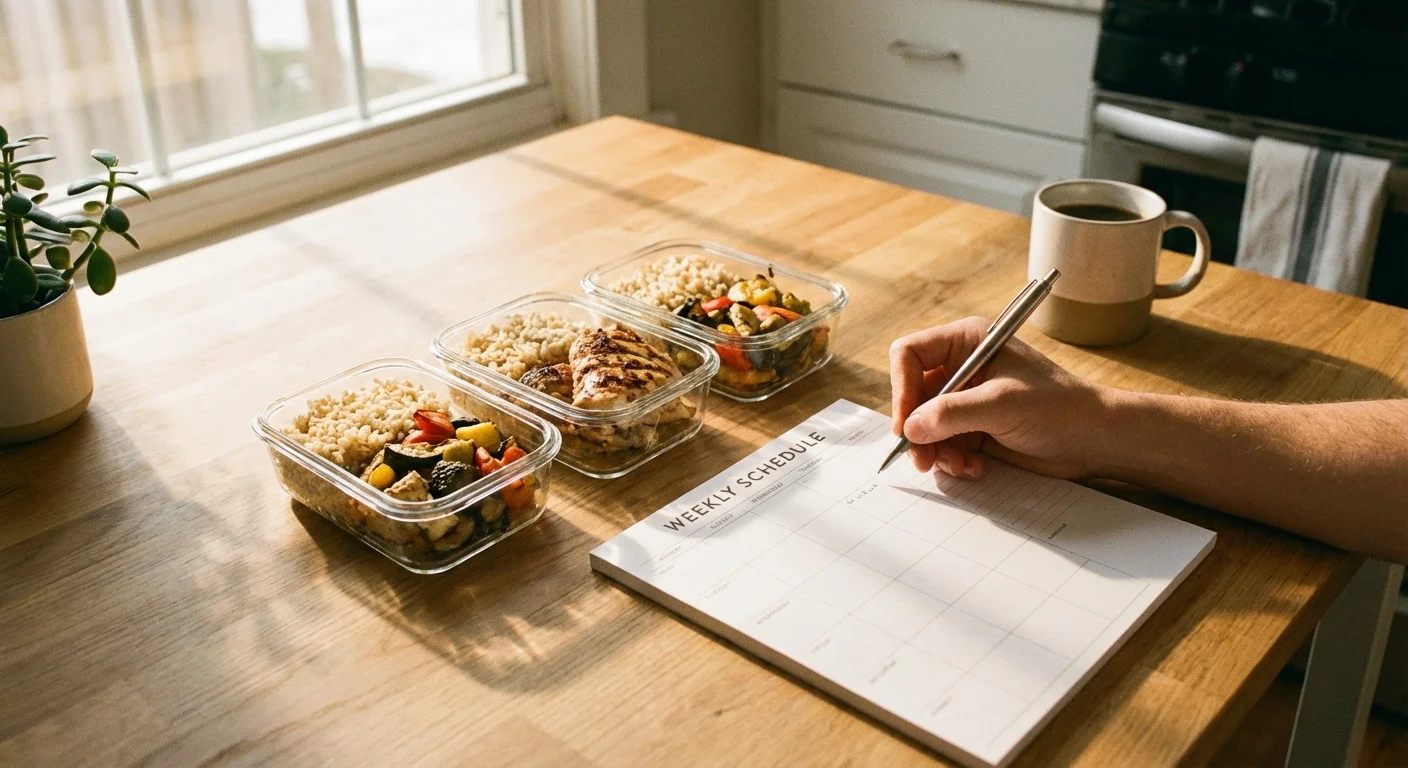 A mother smiling while buckling her child into a car seat in a garage.