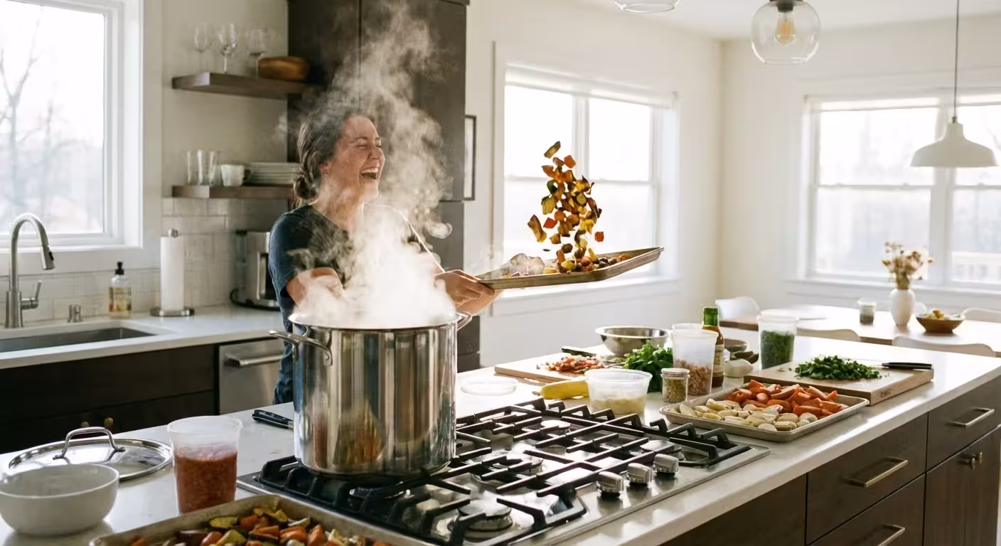 A person actively cooking and batch-prepping vegetables in a bright kitchen.