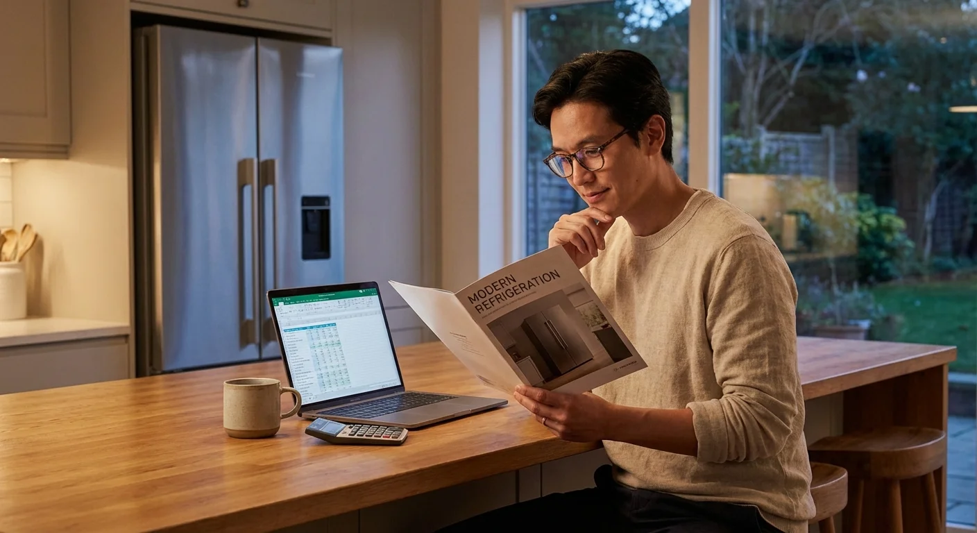 A person calculating the cost of appliance repair versus replacement.
