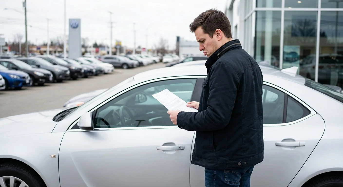 A person carefully reviewing a car contract outdoors to avoid financial pitfalls.