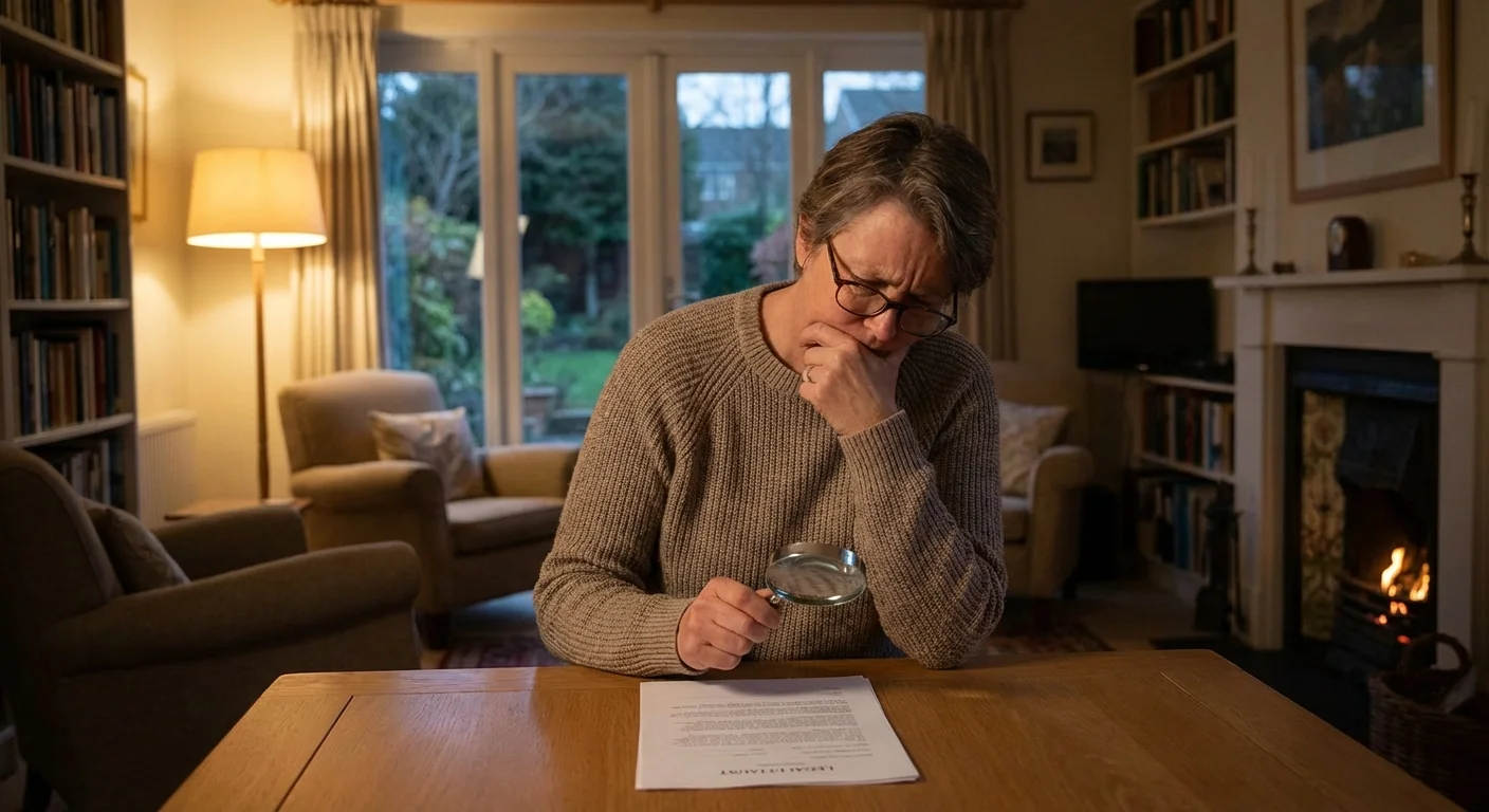 A person carefully reviewing a financial contract in a cozy room.