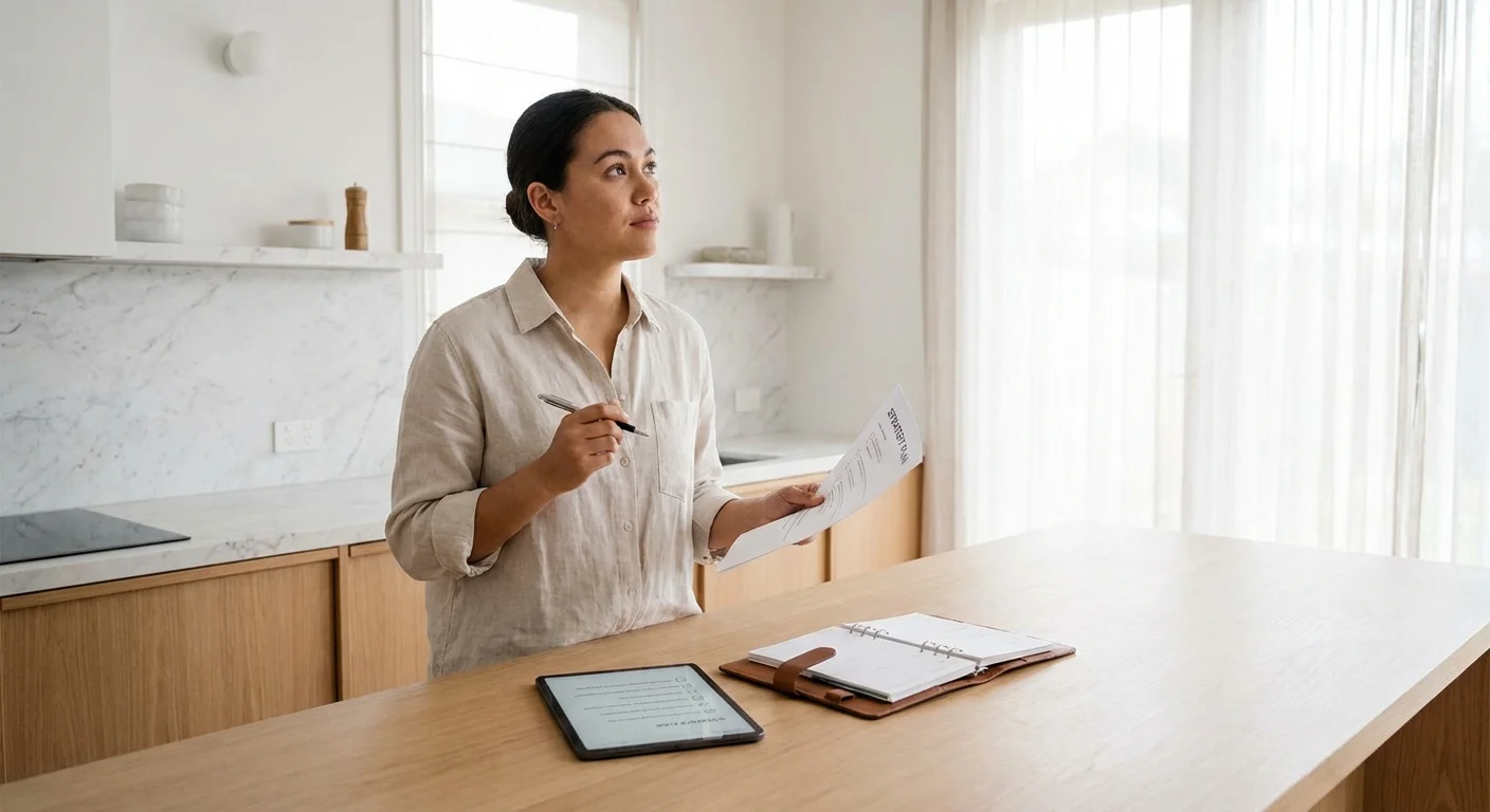 A person carefully reviewing a financial document in a bright kitchen.