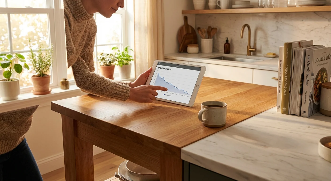 A person checking energy savings on a digital tablet in a kitchen.