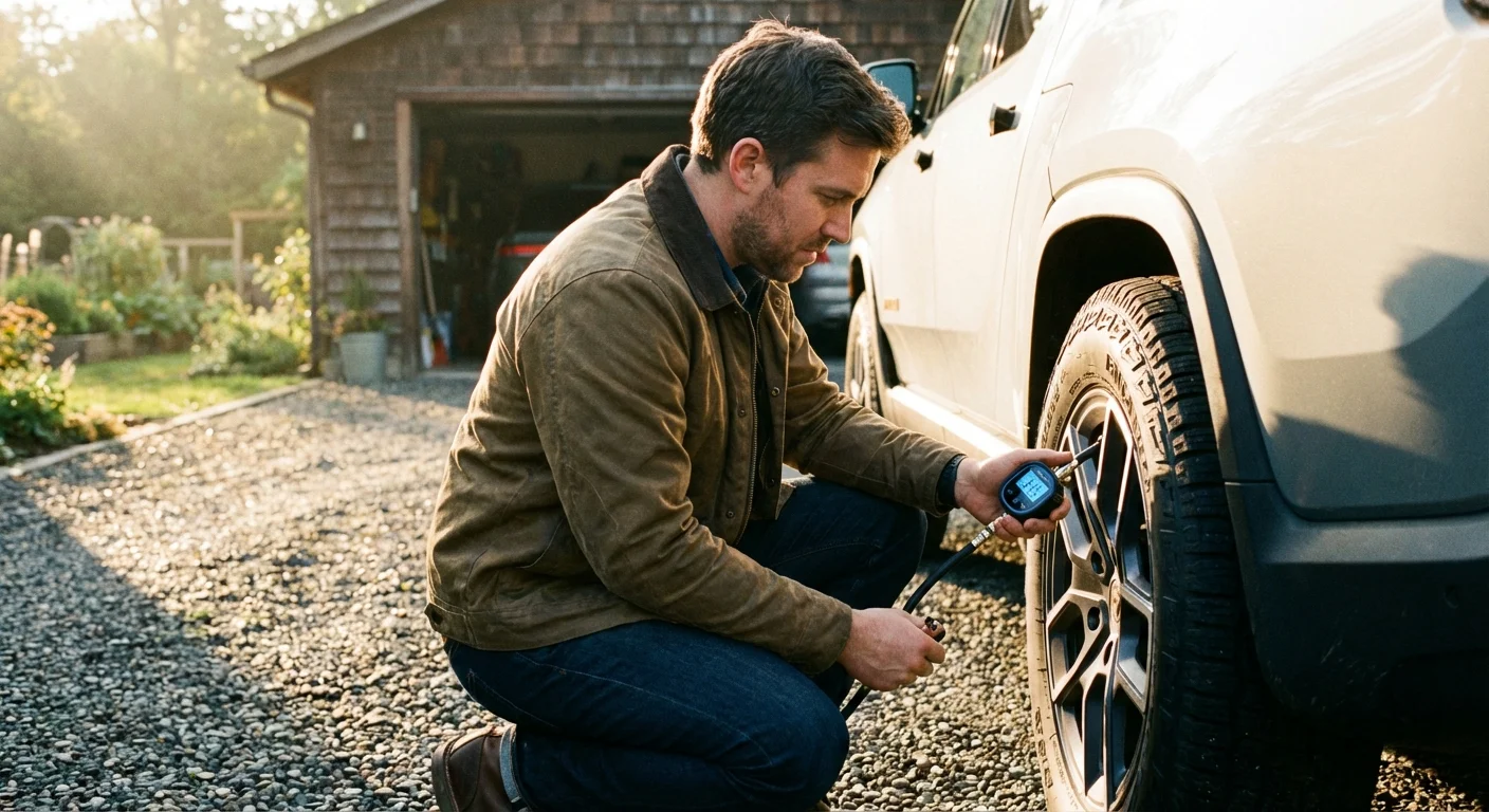 A person checking their car's tire pressure with a digital gauge in a sunny driveway.