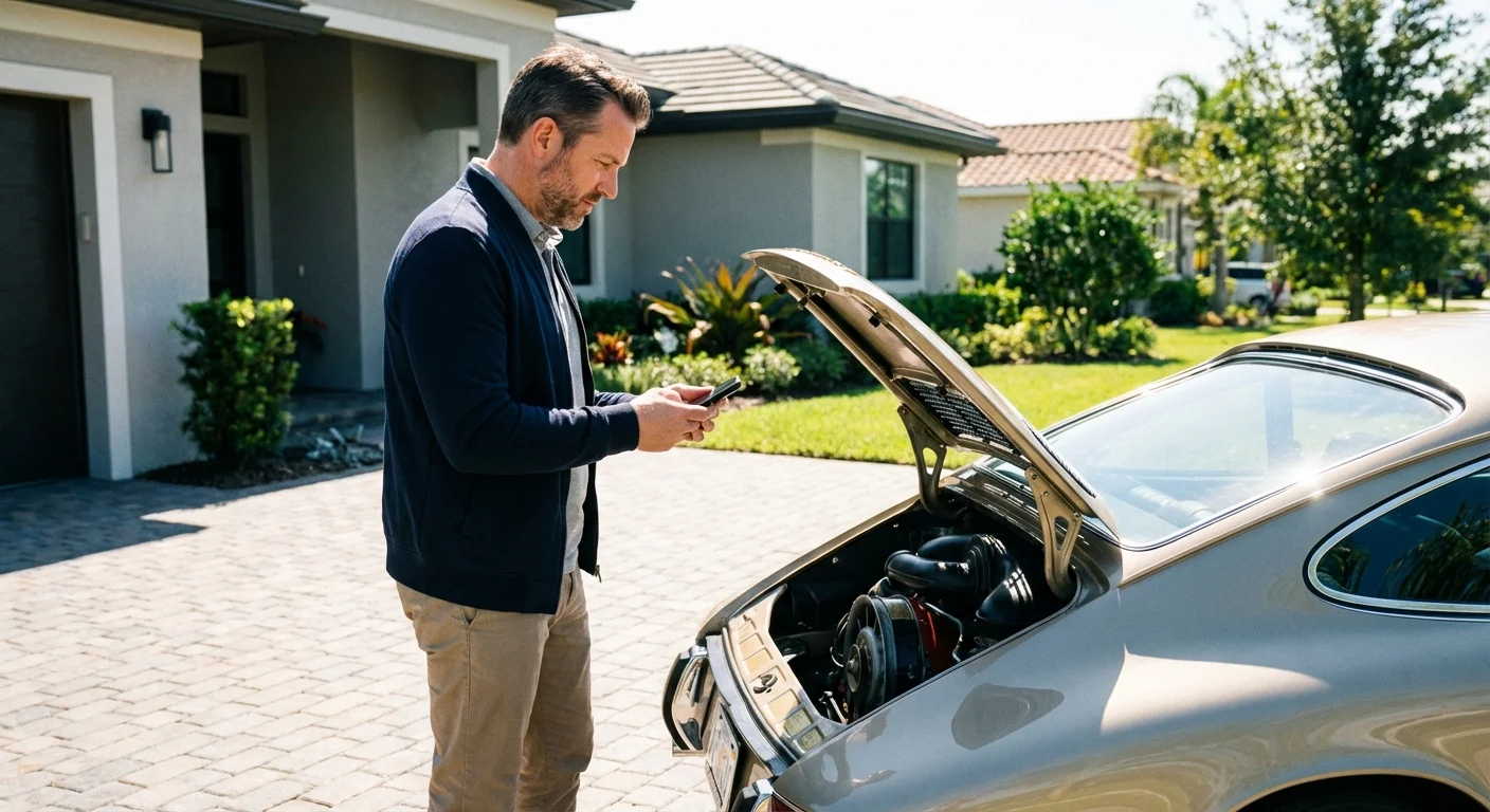 A person checking their car's value using a smartphone in a bright driveway.