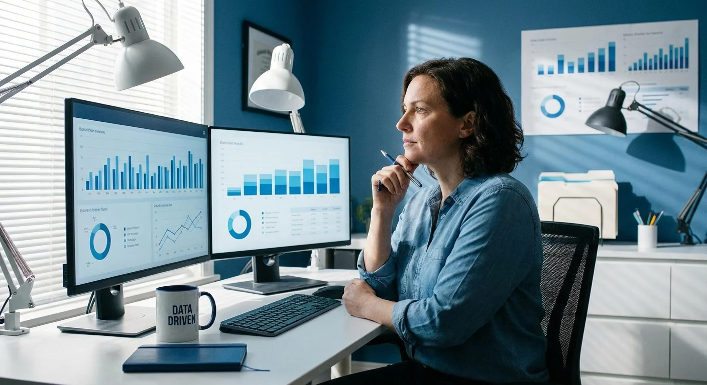A person in a home office comparing financial options on multiple screens.