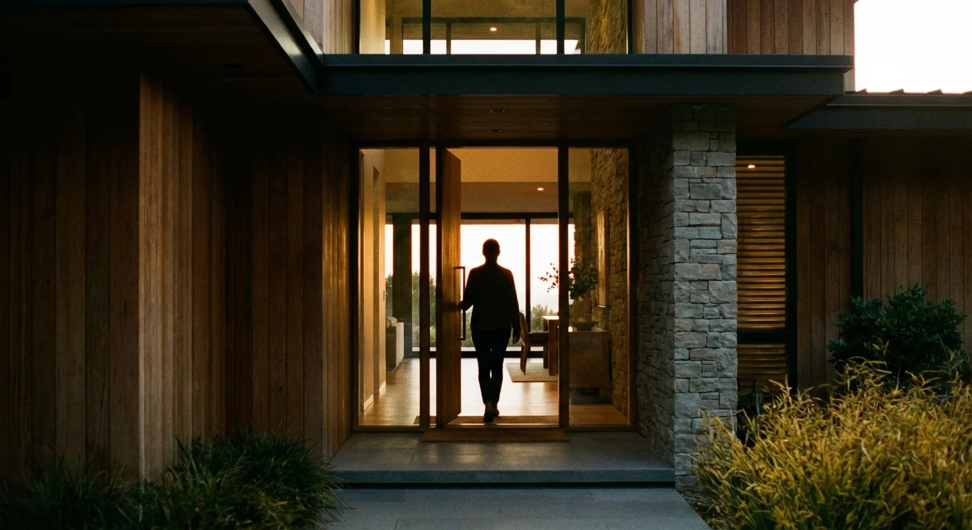 A person leaving their home confidently as the house enters an energy-saving state.