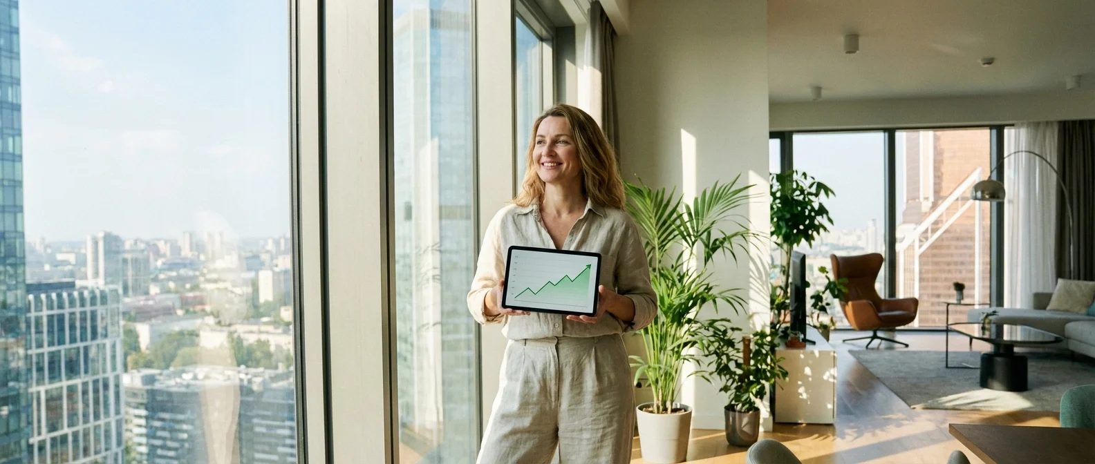 A person looking at a positive growth chart on a tablet in a modern room.