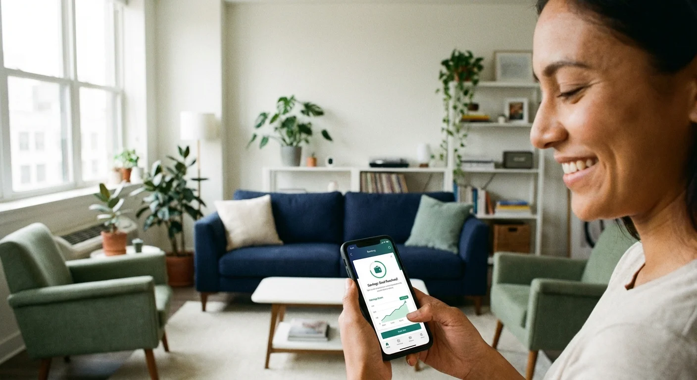 A person looking at a smartphone screen with a satisfied expression in a modern home.