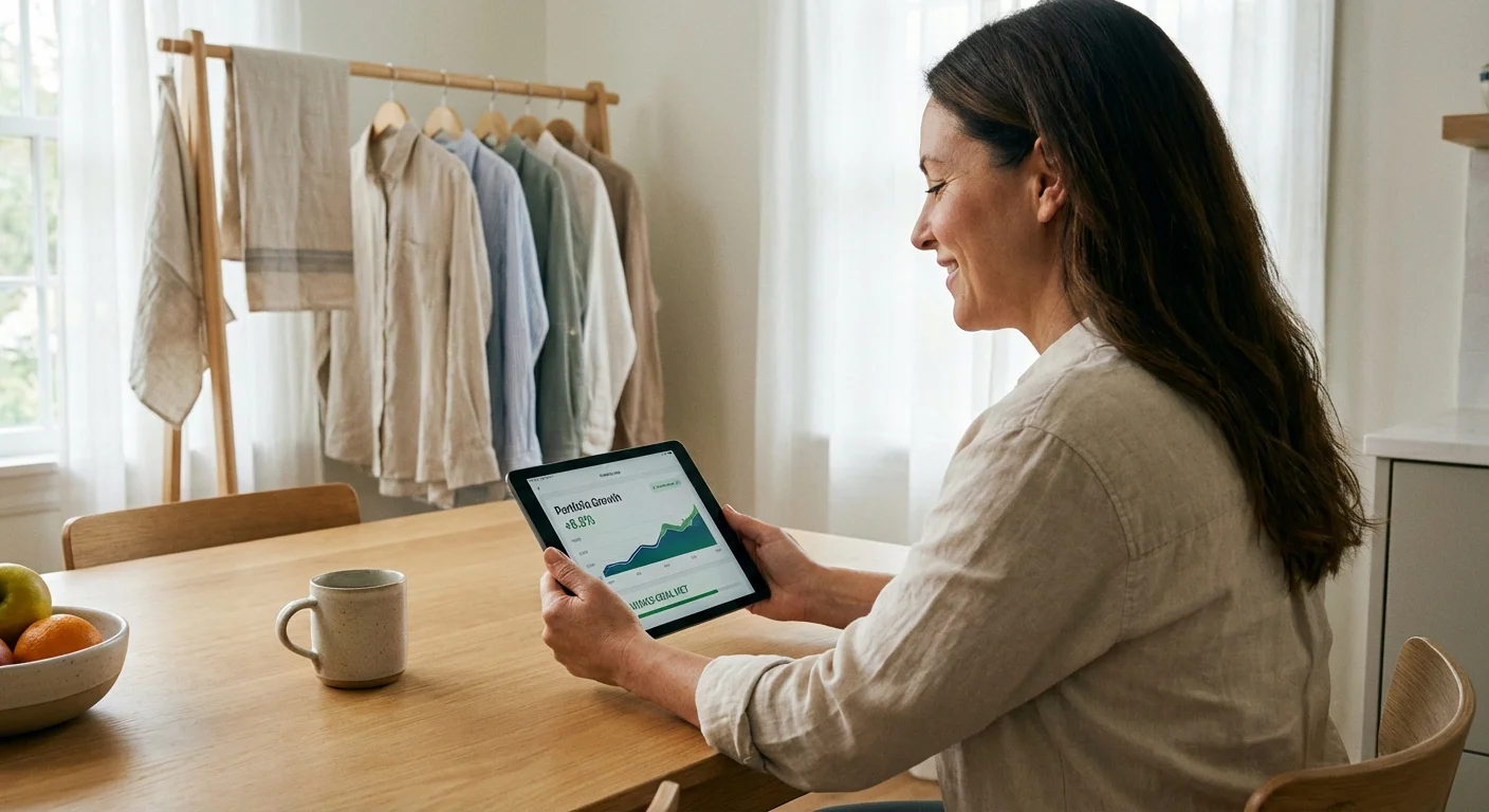 A person looking at a tablet in a bright room with laundry drying in the background.