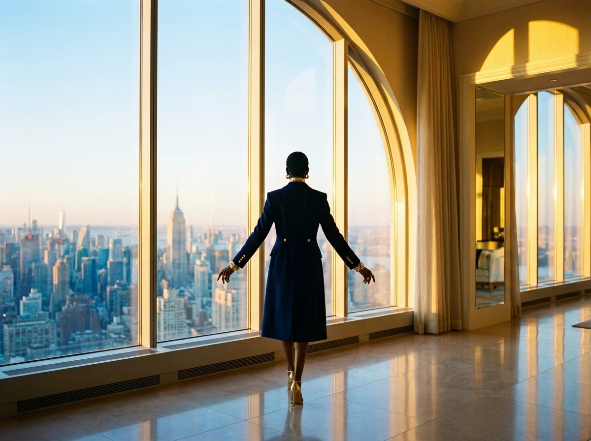 A person looking out a large window at a city skyline during sunrise.