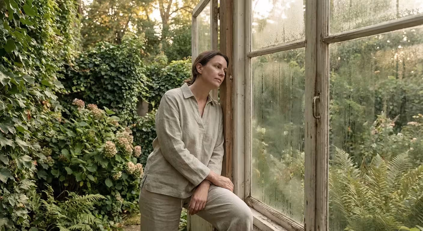 A person looking out a window at a garden in soft afternoon light.