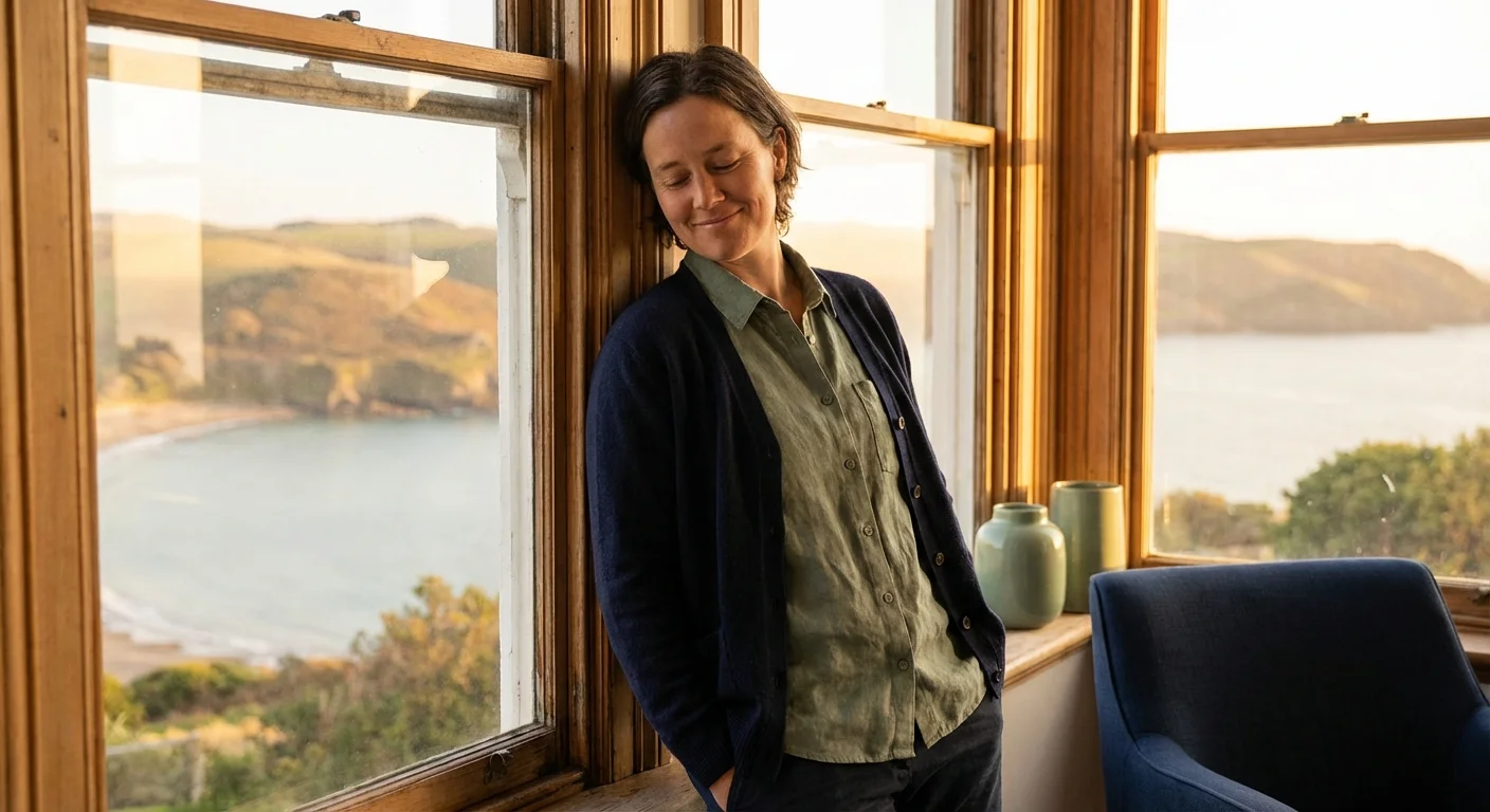 A person looking out a window with a peaceful, confident expression.