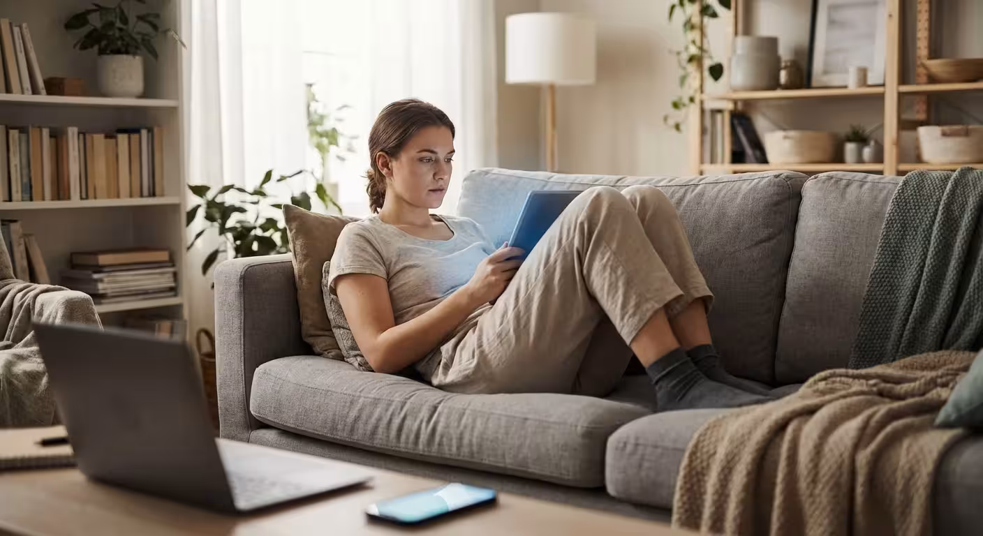 A person looking thoughtfully at a tablet in a modern living room.