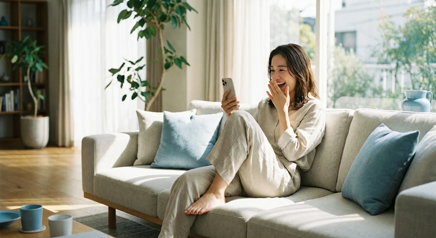 A person on a sofa looking at their phone with a happy, surprised expression.