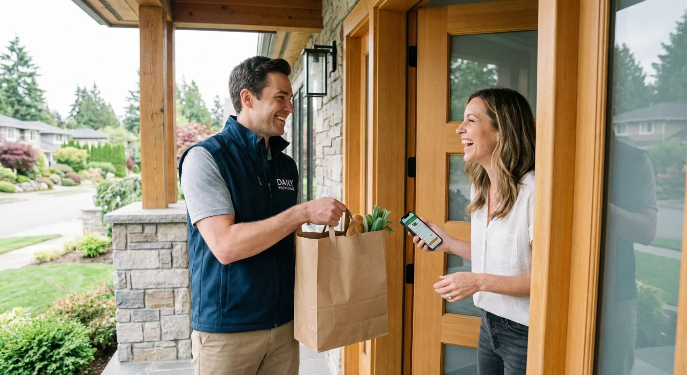 A person receiving a grocery delivery at their front door.