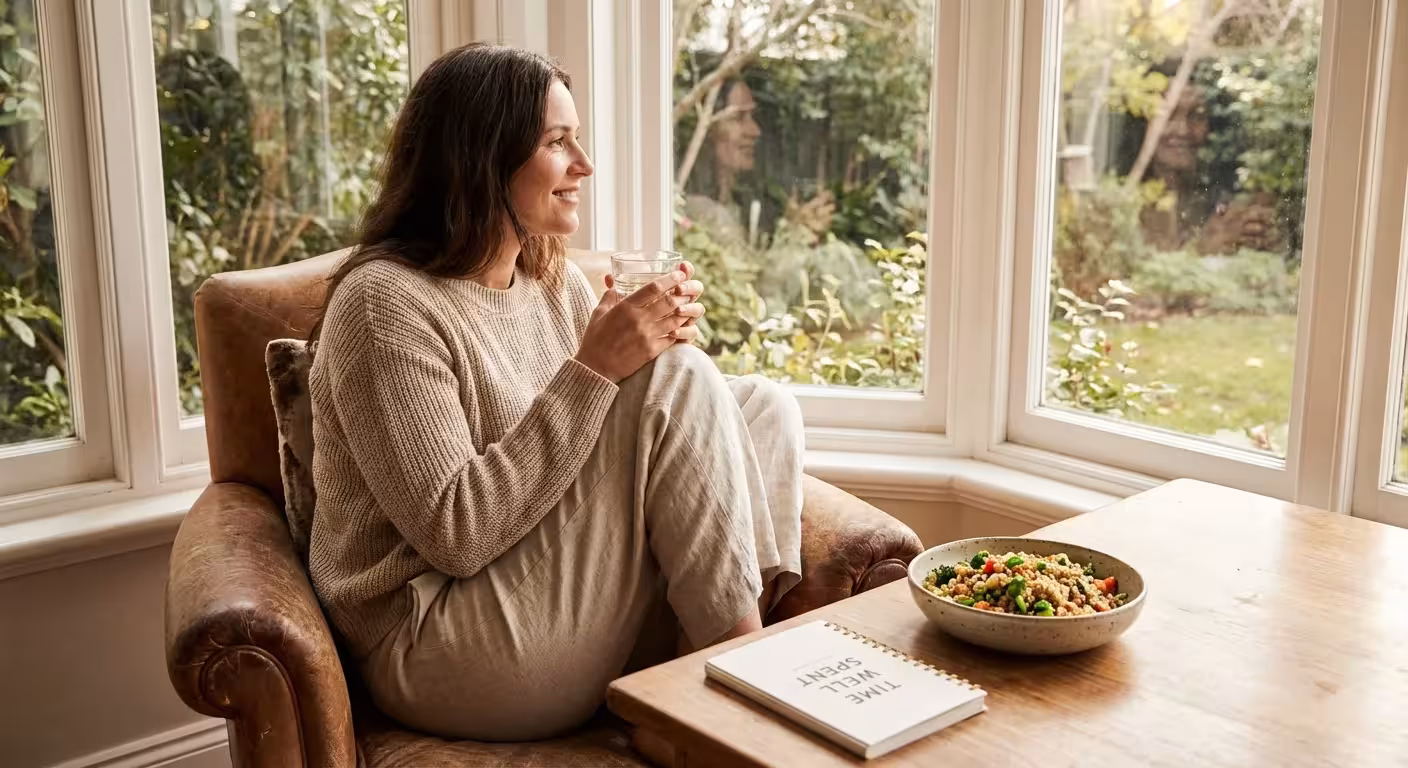 A person relaxing and enjoying a healthy meal in the soft afternoon light.