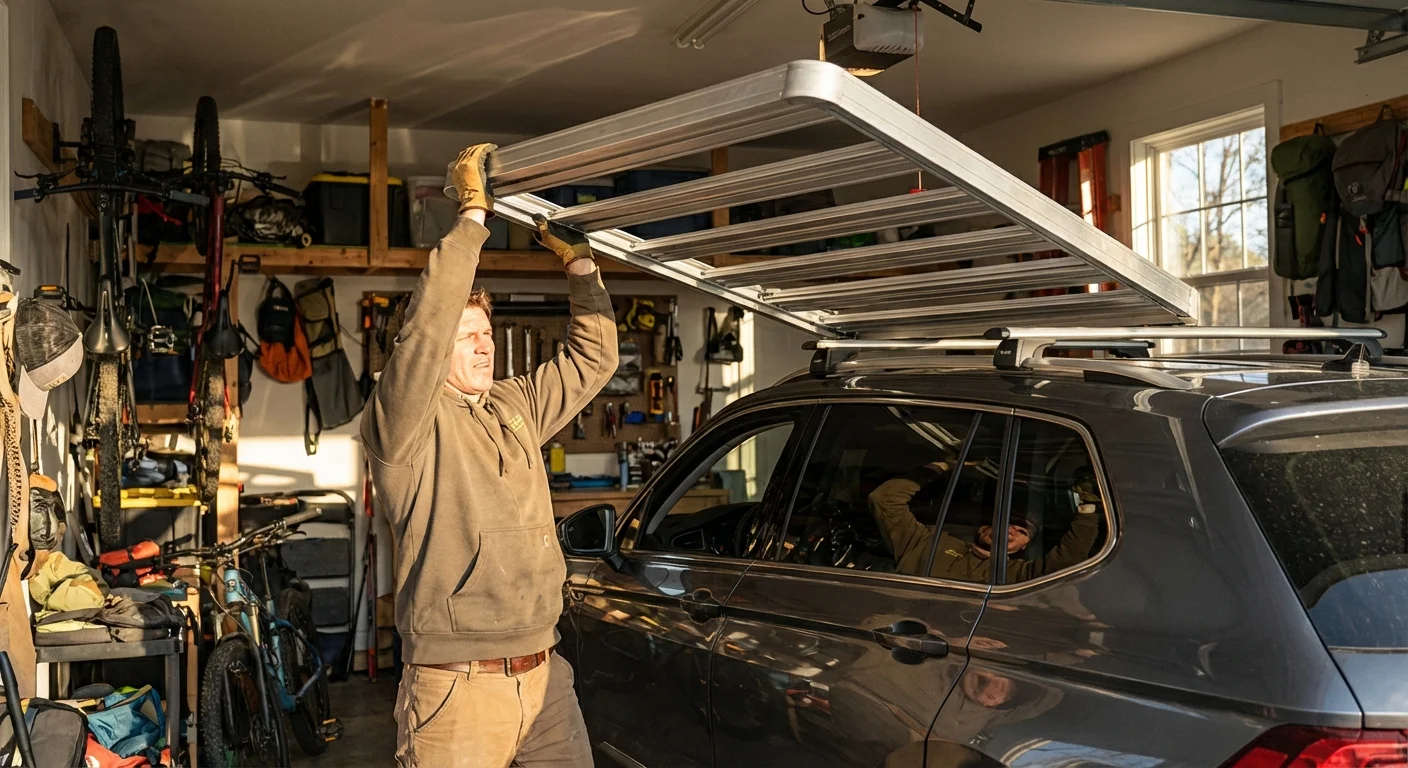 A person removing a roof rack from the top of an SUV in a well-lit garage.