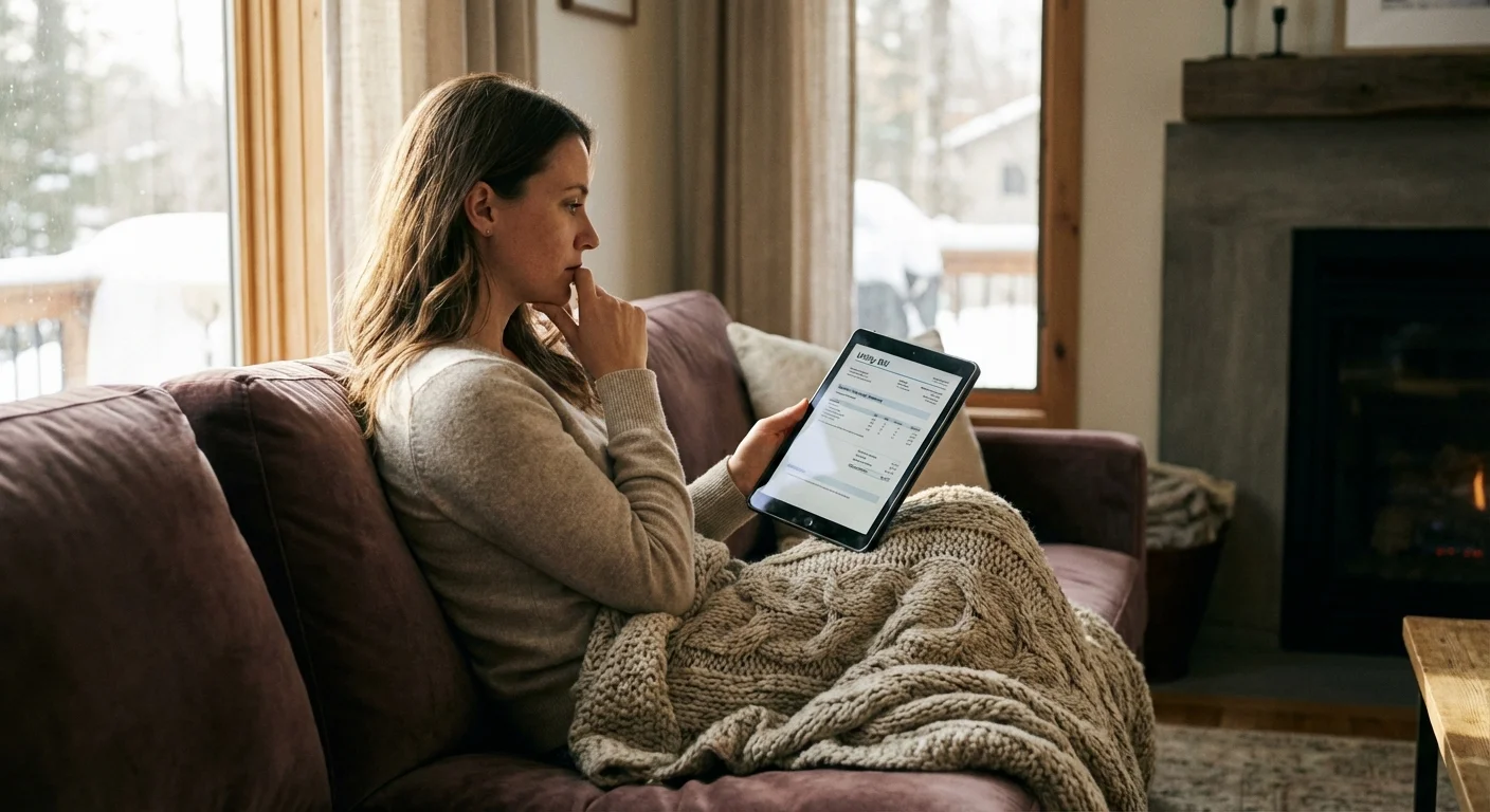 A person reviewing a digital utility bill on a tablet while wrapped in a blanket.