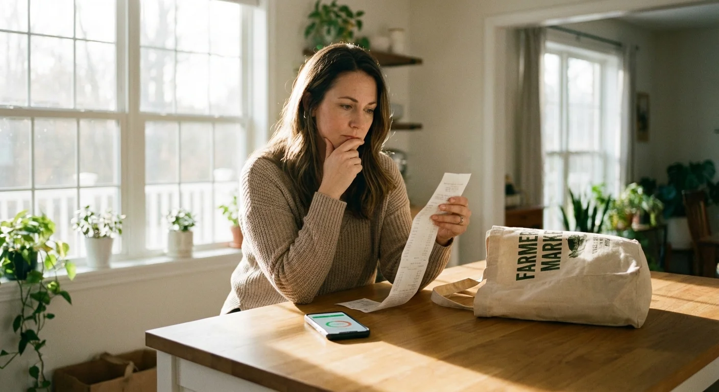 A person reviewing a grocery receipt at a kitchen counter.