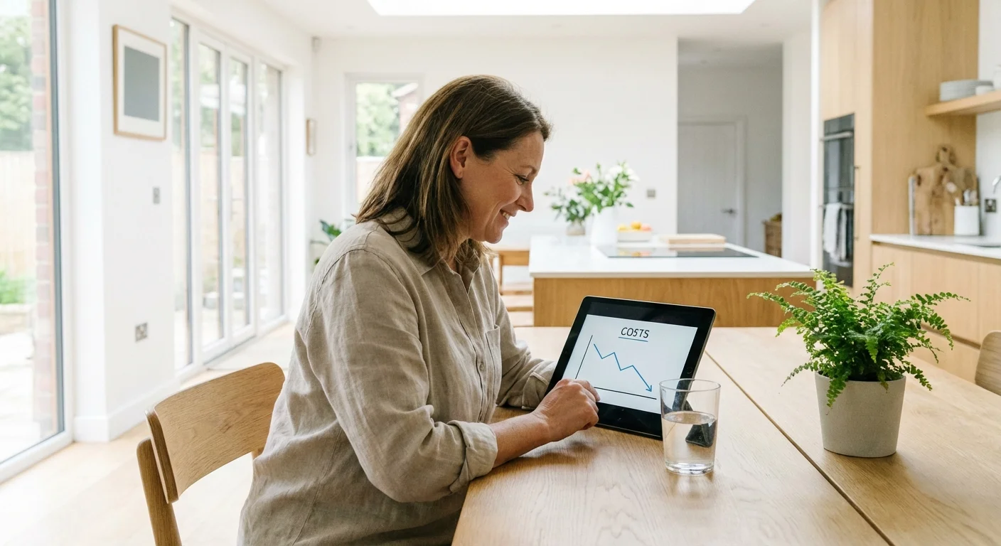 A person reviewing financial savings on a tablet in a bright, modern kitchen.