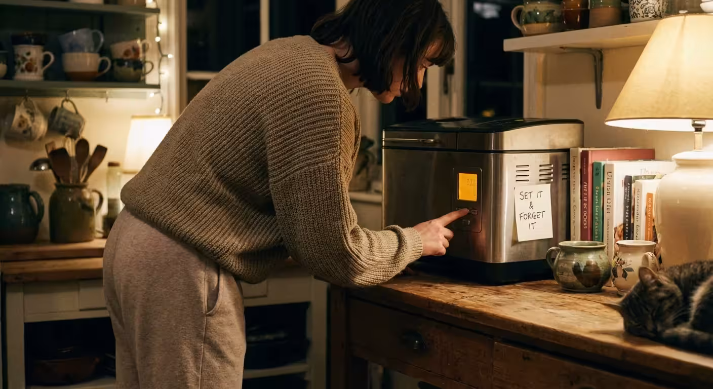 A person setting a bread machine timer in a cozy, dimly lit kitchen at night.