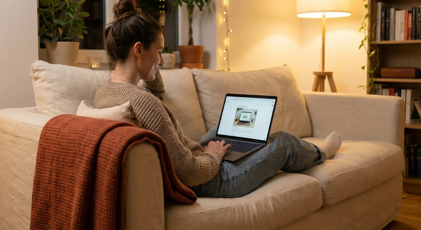 A person sitting comfortably on a sofa while using a laptop in a warm room.