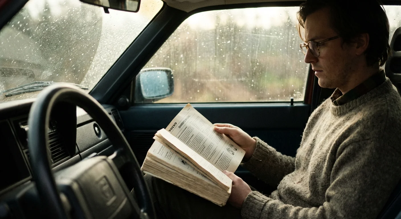 A person sitting in their car thoughtfully reading the owner's manual.